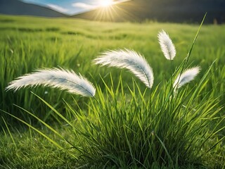 White feathery grass swaying in a lush green field. Generative AI.