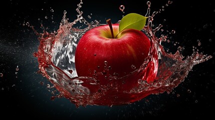 Red apple with water splash on black background.