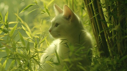 Discover serenity in the quiet bamboo gardens, as a charming white cat emerges, creating a tranquil and virtual image
