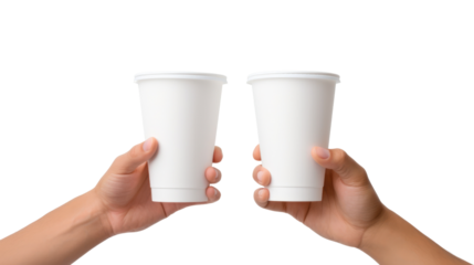 men's hands holding up disposable paper cups isolated on transparent and white background.PNG image.