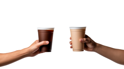 men's hands holding up disposable paper cups isolated on transparent and white background.PNG image.
