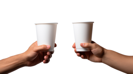 men's hands holding up disposable paper cups isolated on transparent and white background.PNG image.