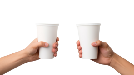 men's hands holding up disposable paper cups isolated on transparent and white background.PNG image.