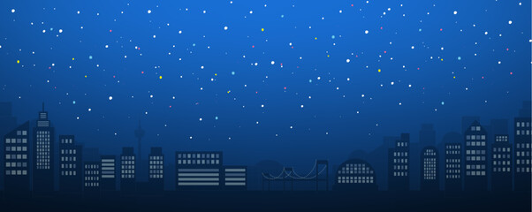 キラキラ光る星空と都会の高層ビル群の背景ベクターイラスト
