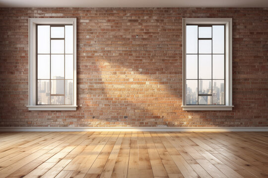 Empty room with big window in loft style. Wooden floor and brick wall in a modern interior. 3D render.