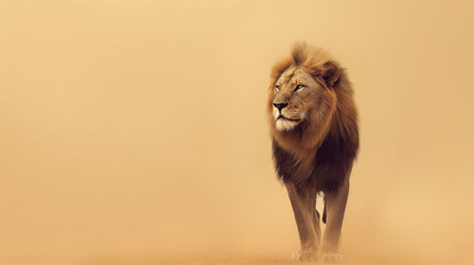 a Lion standing against sand color background with copy space