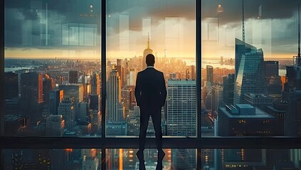 Fototapeta na wymiar Business aspirations touching sky businessman gaze on cityscape high. Silhouettes of success dreams in urban lights future promise in professional. In heart of city ambitions fly leader stands goals