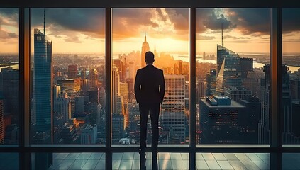 Business aspirations touching sky businessman gaze on cityscape high. Silhouettes of success dreams in urban lights future promise in professional. In heart of city ambitions fly leader stands goals - obrazy, fototapety, plakaty