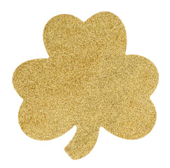 Happy St. Patrick’s Day, isolated shamrock shape covered in gold glitter
