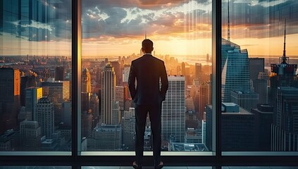 Fototapeta na wymiar Business aspirations touching sky businessman gaze on cityscape high. Silhouettes of success dreams in urban lights future promise in professional. In heart of city ambitions fly leader stands goals