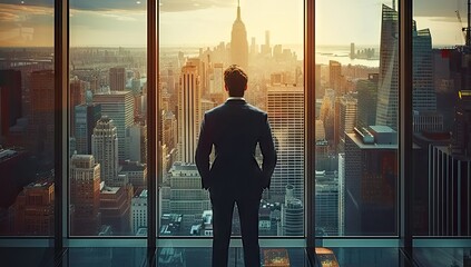 Business aspirations touching sky businessman gaze on cityscape high. Silhouettes of success dreams in urban lights future promise in professional. In heart of city ambitions fly leader stands goals