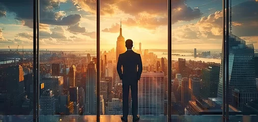 Fotobehang Business aspirations touching sky businessman gaze on cityscape high. Silhouettes of success dreams in urban lights future promise in professional. In heart of city ambitions fly leader stands goals © Wuttichai