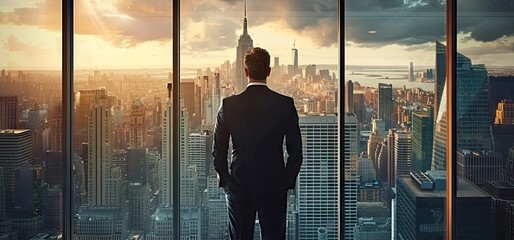 Business aspirations touching sky businessman gaze on cityscape high. Silhouettes of success dreams in urban lights future promise in professional. In heart of city ambitions fly leader stands goals - obrazy, fototapety, plakaty