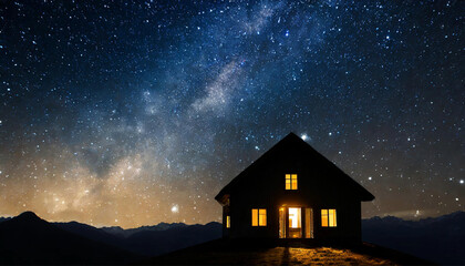 night sky with stars and house with house silhouette