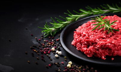 Obraz na płótnie Canvas Uncooked vegan mince meat, raw plant based meat with rosemary and spices on dark