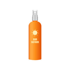 Sunscreen cream with orange spray bottle in realistic flat 3d vector illustration. Trendy style summer vacation graphic resources for many purposes.