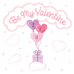 Be my valentine greeting with pink cloud, balloons and giftbbox and hearts on a white background