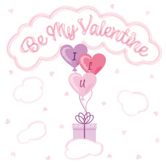 Be my valentine greeting with pink cloud, balloons and giftbbox and hearts on a white background