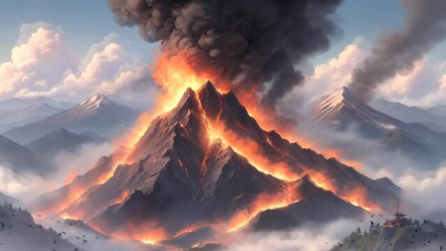 Erupted mountain with fire and smoke