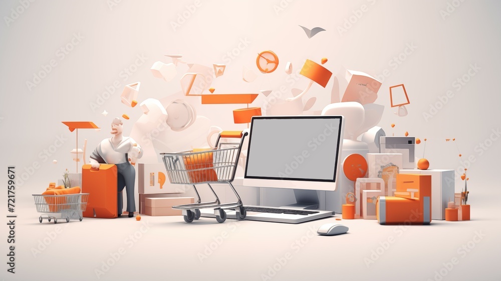Poster a computer a mouse with a shopping cart and a technology items including a computer, a phone and a t