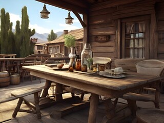 Fototapeta na wymiar A dining table outside of vintage wild west American house