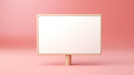 A pink wall with a blank banner and wooden pedestal.