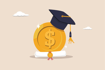 Education cost, tuition or scholarship, money for university or graduation, college diploma concept, 
dollar money coin with mortarboard graduation cap and certificate.
