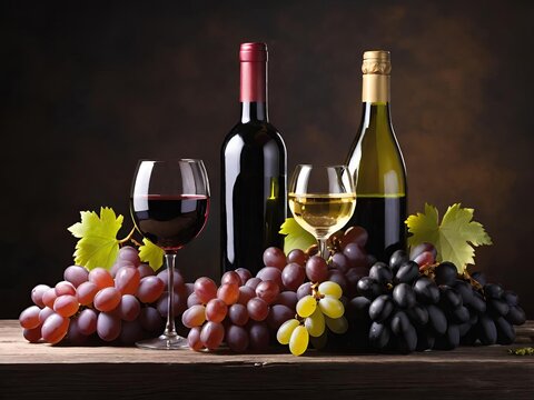 Red and a white wine bottle, two filled glasses, and an assortment of grapes on a dark background. Generative AI.