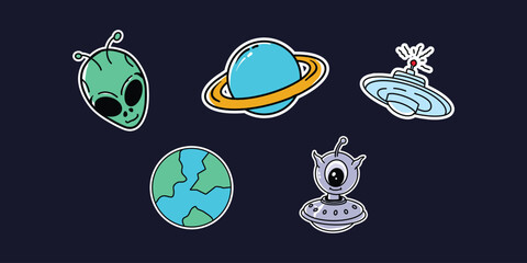 collection of alien objects ready. crayon outline. Flat design Isolated navy background. Hand drawn trendy Vector illustration