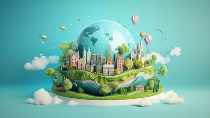 A globe with trees and clouds around it.