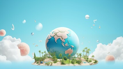Naklejka premium A globe on a palm tree on a tropical island.