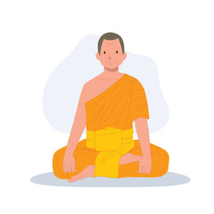 happy sitting Thai Monk in Traditional Robes.