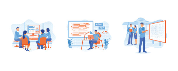 Fototapeta premium A team of IT experts is sitting in front of computers. The screen displays computer script coding. Developing mobile applications. APP devs concept. set flat vector illustration.