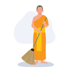  Monk in Traditional Robes Engaged in Daily Cleaning, sweeping the floor