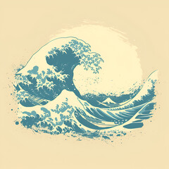 A logo illustration of a wave crashing on a sandy beach on a turquoise background. Created with generative AI.