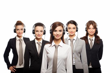 a happy, smiling women and men as she efficiently works in a call center, creating a vibrant and dynamic professional atmosphere. Generative AI.