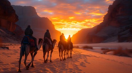 Ramadan background man riding a camel in the desert with sunset view. Eid Mubarak, happy fasting, eid al fitr