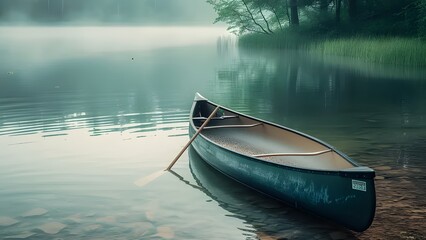 Bow of a canoe in the morning on a misty lake © Dhanushka