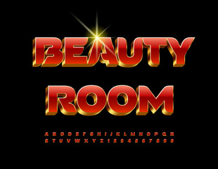 Vector glamour emblem Beauty Room with unique Font. Red and Gold chic Alphabet Letters and Numbers set