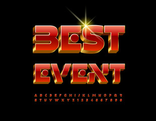 Vector elite flyer Best Event. Red and Gold Alphabet Letters and Numbers set. Unique premium Font - obrazy, fototapety, plakaty