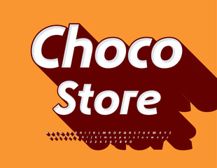 Vector marketing banner Choco Store. Alphabet Letters and Numbers with Brown Shadow. White modern Font.
