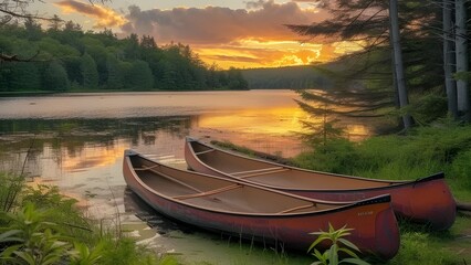 Bows of a canoe in the morning on a misty lake - obrazy, fototapety, plakaty