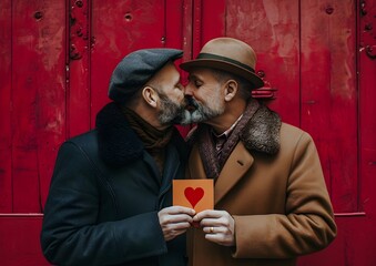 A gay couple holding valentine's card