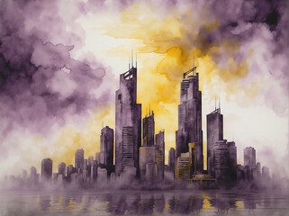 watercolor illustration of an abstract urban city skyline, dark purple and yellow cityscape painting, skyscraper scene with smog. buildings. Digital art 3D 