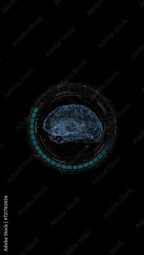 Poster motion graphic of blue digital robot brain logo and circle futuristic hud elements with ai chatbot a