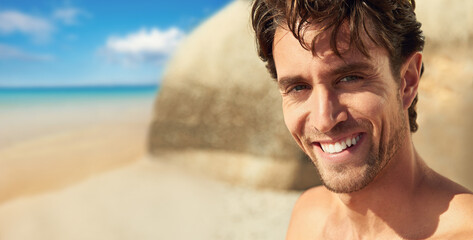 Man, smile and portrait at the sea on a holiday and vacation outdoor with travel on adventure....