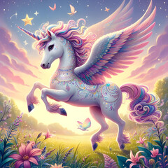 A cartoon art of magical unicorn prancing through a field