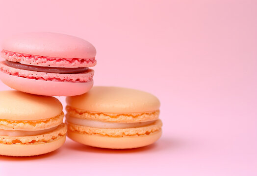 Professional food photography: Colorful French macarrons on light background, blank space.