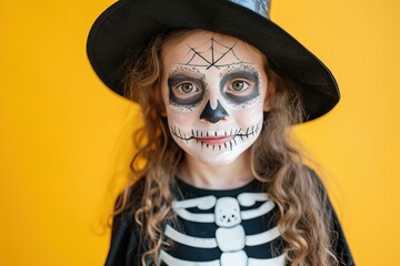 Fototapeta premium Cheerful young child in a skeleton costume with playful face painting, celebrating Halloween against a vibrant yellow background.