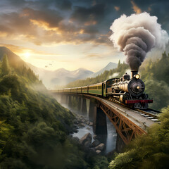 Vintage train traveling through a scenic landscape